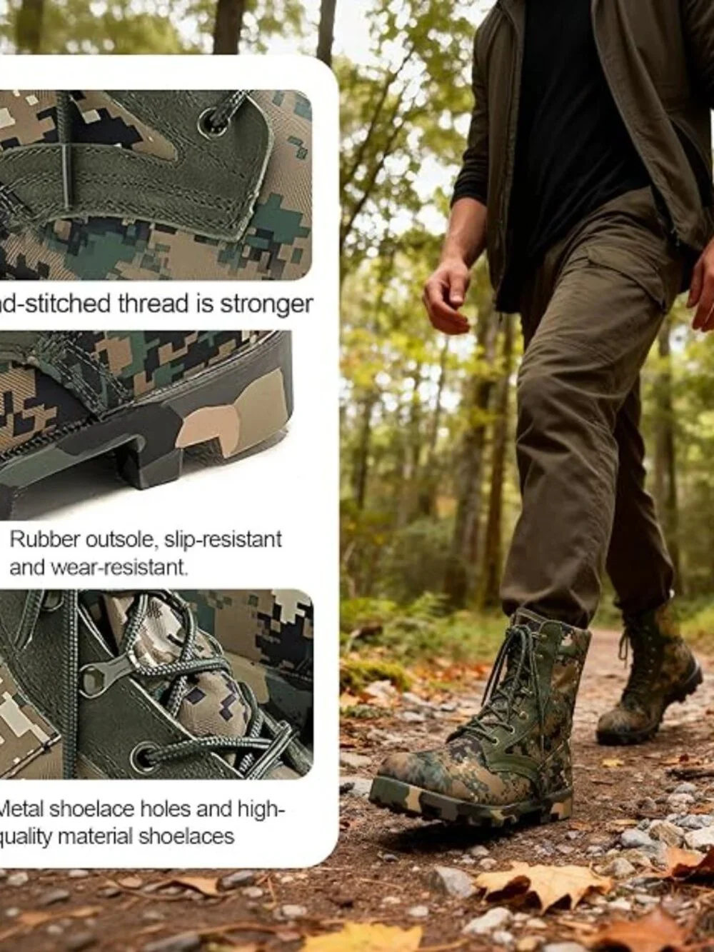 Military Tactical Boots for Work, Green Camo Lace-Up for Men